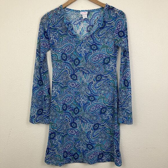 Toes To The Nose Vintage Blue Paisley Swim Cover Dress XS Semi Sheer Beach Boho - Picture 1 of 4